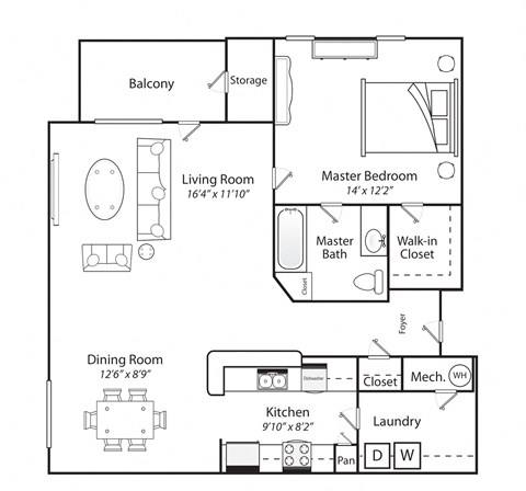 Floor plan for 1 bed, 1 bath, 975 sqft